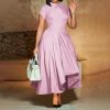 Womens Elegant High Waist Midi Dress Peter Pan Collar Short Sleeve Solid Pleated Big Swing Evening Party