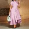 Womens Elegant High Waist Midi Dress Peter Pan Collar Short Sleeve Solid Pleated Big Swing Evening Party