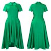 Womens Elegant High Waist Midi Dress Peter Pan Collar Short Sleeve Solid Pleated Big Swing Evening Party