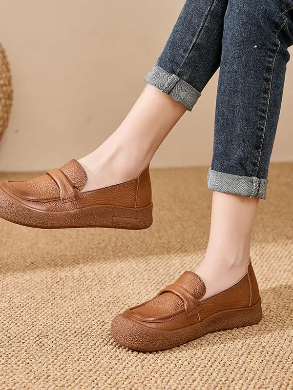 Womens Vintage Genuine Leather Flat Shoes Comfortable Non-Slip Casual