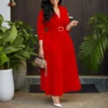 Plus Size Solid Midi Umbrella Dress V Neck 3/4 Sleeve High Waist Elegant