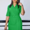 Womens Elegant Solid V-Neck Short Sleeve Belted Pencil Midi Work Dress