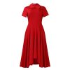 Womens Elegant High Waist Midi Dress Peter Pan Collar Short Sleeve Solid Pleated Big Swing Evening Party
