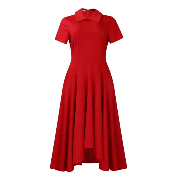 Womens Elegant High Waist Midi Dress Peter Pan Collar Short Sleeve Solid Pleated Big Swing Evening Party