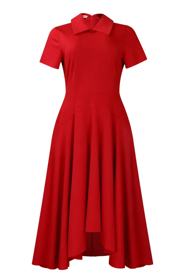 Womens Elegant High Waist Midi Dress Peter Pan Collar Short Sleeve Solid Pleated Big Swing Evening Party