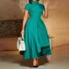 Womens Elegant High Waist Midi Dress Peter Pan Collar Short Sleeve Solid Pleated Big Swing Evening Party