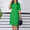 Womens Elegant Solid V-Neck Short Sleeve Belted Pencil Midi Work Dress