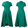 Womens Elegant High Waist Midi Dress Peter Pan Collar Short Sleeve Solid Pleated Big Swing Evening Party