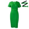 Womens Elegant Solid V-Neck Short Sleeve Belted Pencil Midi Work Dress