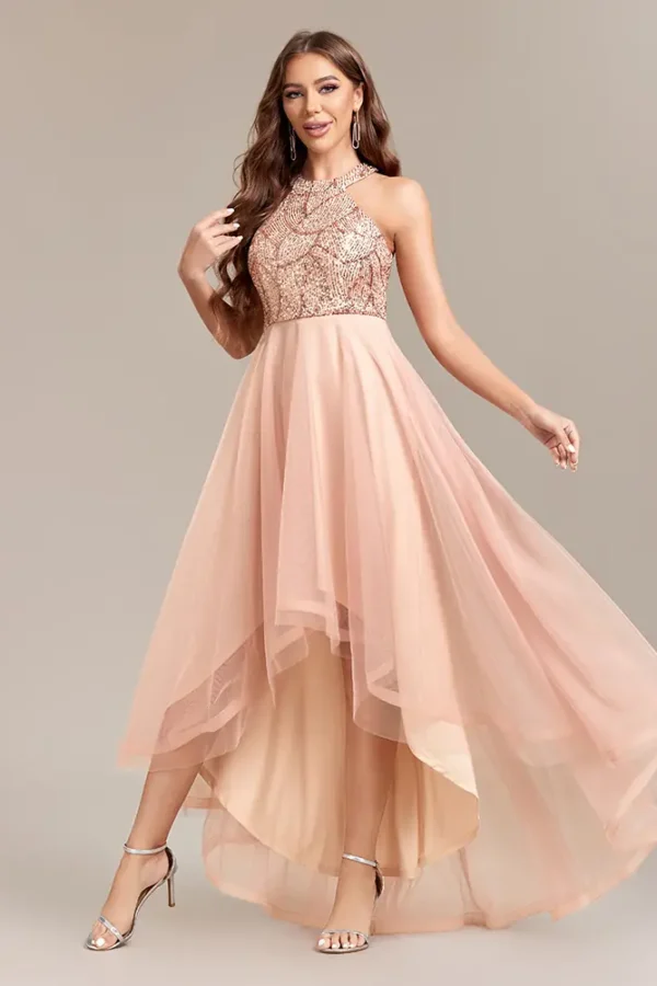 Womens Gold Sequin Halter Sleeveless Tulle Asymmetrical Party Ball Gown