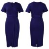 Womens Elegant Solid V-Neck Short Sleeve Belted Pencil Midi Work Dress