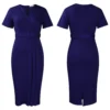 Womens Elegant Solid V-Neck Short Sleeve Belted Pencil Midi Work Dress