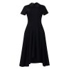 Womens Elegant High Waist Midi Dress Peter Pan Collar Short Sleeve Solid Pleated Big Swing Evening Party