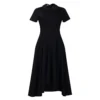 Womens Elegant High Waist Midi Dress Peter Pan Collar Short Sleeve Solid Pleated Big Swing Evening Party