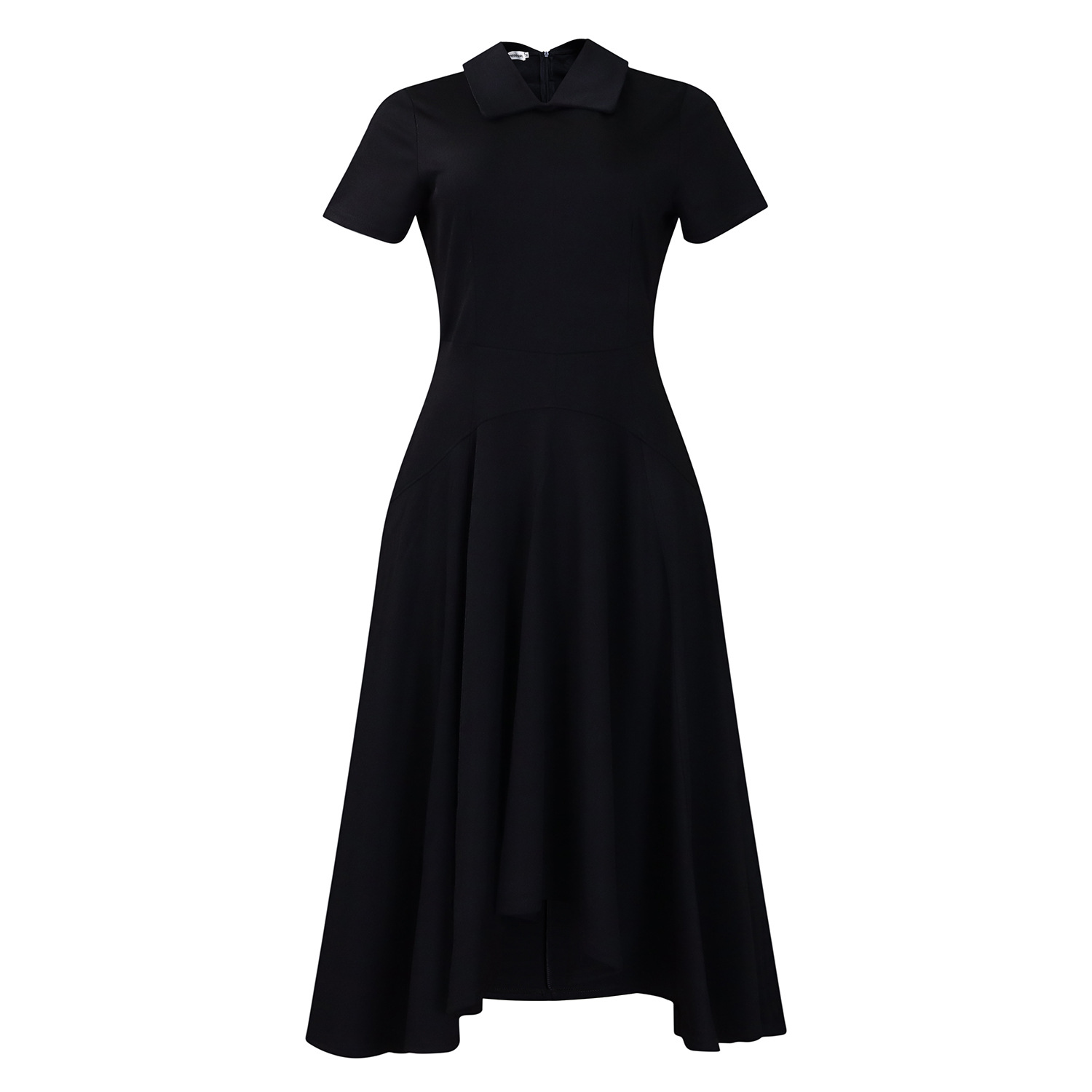 Womens Elegant High Waist Midi Dress Peter Pan Collar Short Sleeve Solid Pleated Big Swing Evening Party