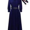Plus Size Solid Midi Umbrella Dress V Neck 3/4 Sleeve High Waist Elegant