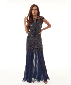 1920s Vintage Sequin Beaded Mesh Sleeveless Elegant Evening Dress Long Small Train