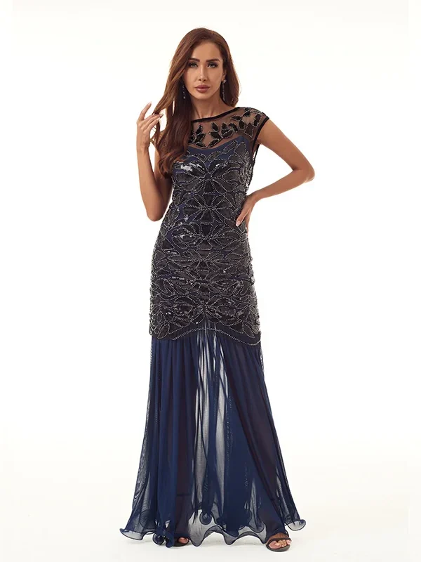 1920s Vintage Sequin Beaded Mesh Sleeveless Elegant Evening Dress Long Small Train