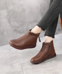 Winter Leather Ankle Moms Boots Wool Lined Non-Slip Rubber Sole Flat Side Zip