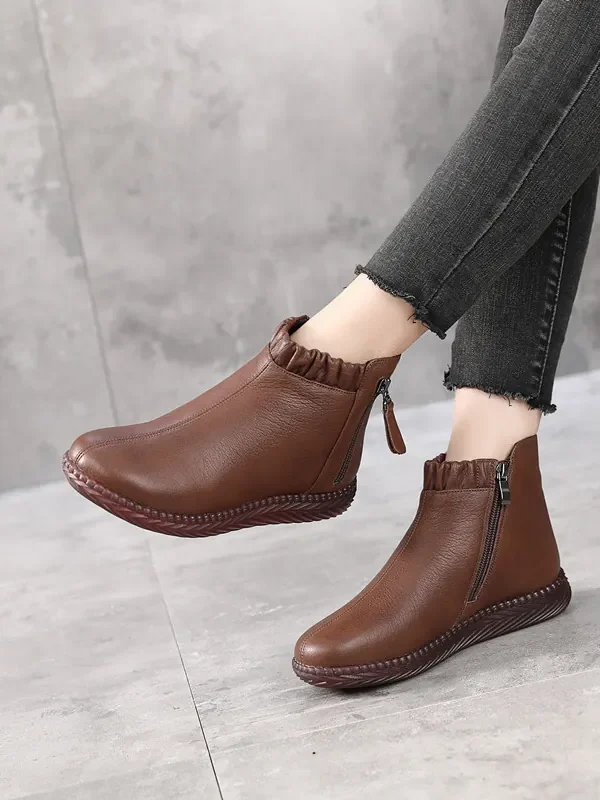 Winter Leather Ankle Moms Boots Wool Lined Non-Slip Rubber Sole Flat Side Zip