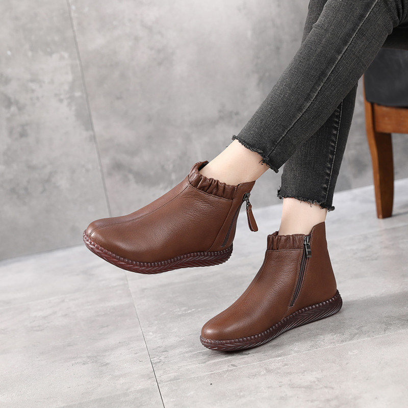 Winter Leather Ankle Moms Boots Wool Lined Non-Slip Rubber Sole Flat Side Zip