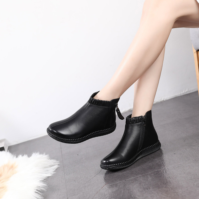 Winter Leather Ankle Moms Boots Wool Lined Non-Slip Rubber Sole Flat Side Zip