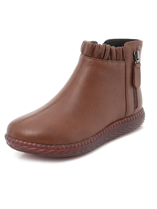 Winter Leather Ankle Moms Boots Wool Lined Non-Slip Rubber Sole Flat Side Zip