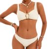 Womens Solid Bikini Wide Straps Pleated Padded Wireless Swimwear