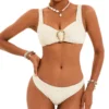 Womens Solid Bikini Wide Straps Pleated Padded Wireless Swimwear