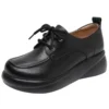 Womens Vintage British Leather Platform Loafers Lace Up Wide Chunky Heel