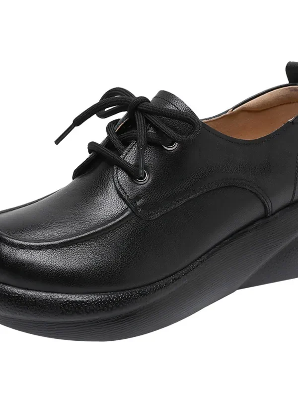 Womens Vintage British Leather Platform Loafers Lace Up Wide Chunky Heel