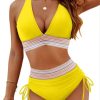 Womens High Waist Deep V Backless Bikini Solid Padded Quick Dry Stretchy