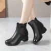 Womens Vintage Embroidered Leather Chunky Heel Round Toe Booties