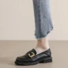 Womens Vintage Loafers Thick Heel Buckle Round Toe Microfiber Shoes