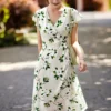 Womens Summer Floral Mulberry Silk Midi Dress V Neck Petal Sleeve High Waist A Line
