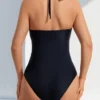 Womens Solid Halter Open Back Ruched Slimming One Piece Swimsuit