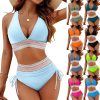 Womens High Waist Deep V Backless Bikini Solid Padded Quick Dry Stretchy