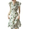 Womens Summer Floral Mulberry Silk Midi Dress V Neck Petal Sleeve High Waist A Line