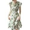 Womens Summer Floral Mulberry Silk Midi Dress V Neck Petal Sleeve High Waist A Line