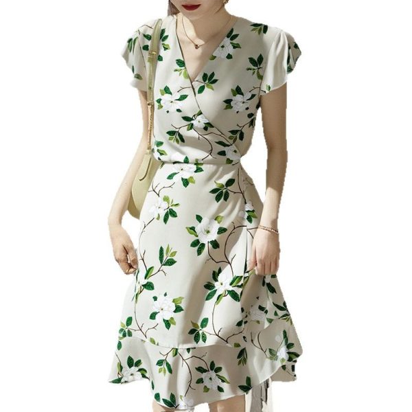 Womens Summer Floral Mulberry Silk Midi Dress V Neck Petal Sleeve High Waist A Line