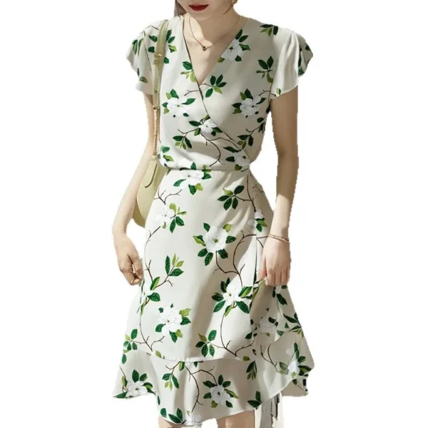 Womens Summer Floral Mulberry Silk Midi Dress V Neck Petal Sleeve High Waist A Line