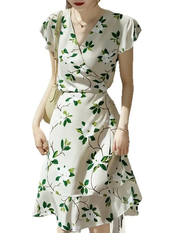 Womens Summer Floral Mulberry Silk Midi Dress V Neck Petal Sleeve High Waist A Line