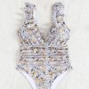 Plus Size Women's Floral One Piece Swimsuit Deep V Ruffle Open Back Tie Padded No Underwire