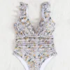 Plus Size Women's Floral One Piece Swimsuit Deep V Ruffle Open Back Tie Padded No Underwire