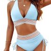 Womens High Waist Deep V Backless Bikini Solid Padded Quick Dry Stretchy