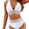 Womens High Waist Deep V Backless Bikini Solid Padded Quick Dry Stretchy