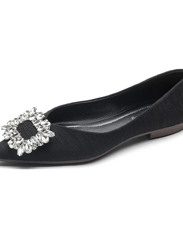 Womens Pointed Toe Satin Casual Flat Shoes Rhinestone Buckle Soft Sole