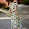 Womens Summer Floral Mulberry Silk Midi Dress V Neck Petal Sleeve High Waist A Line