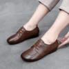 Womens Soft Leather Vintage Loafers Flats Wide Spring Fall Casual Lace-Up