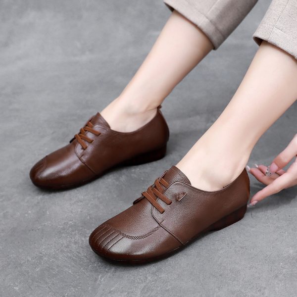 Womens Soft Leather Vintage Loafers Flats Wide Spring Fall Casual Lace-Up